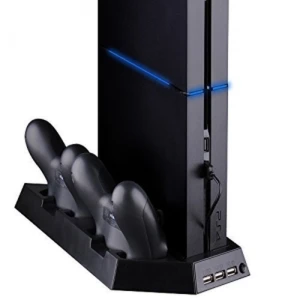 4 w 1 Pionowy stojak PS4 z wentylatorem, hubem USB i ładowarką do 2 padów