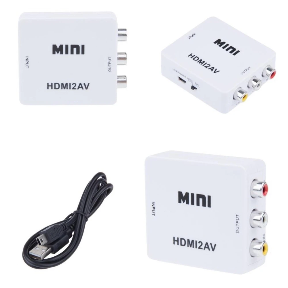 Vista frontal del adaptador HDMI a RCA con conectores AV y HDMI