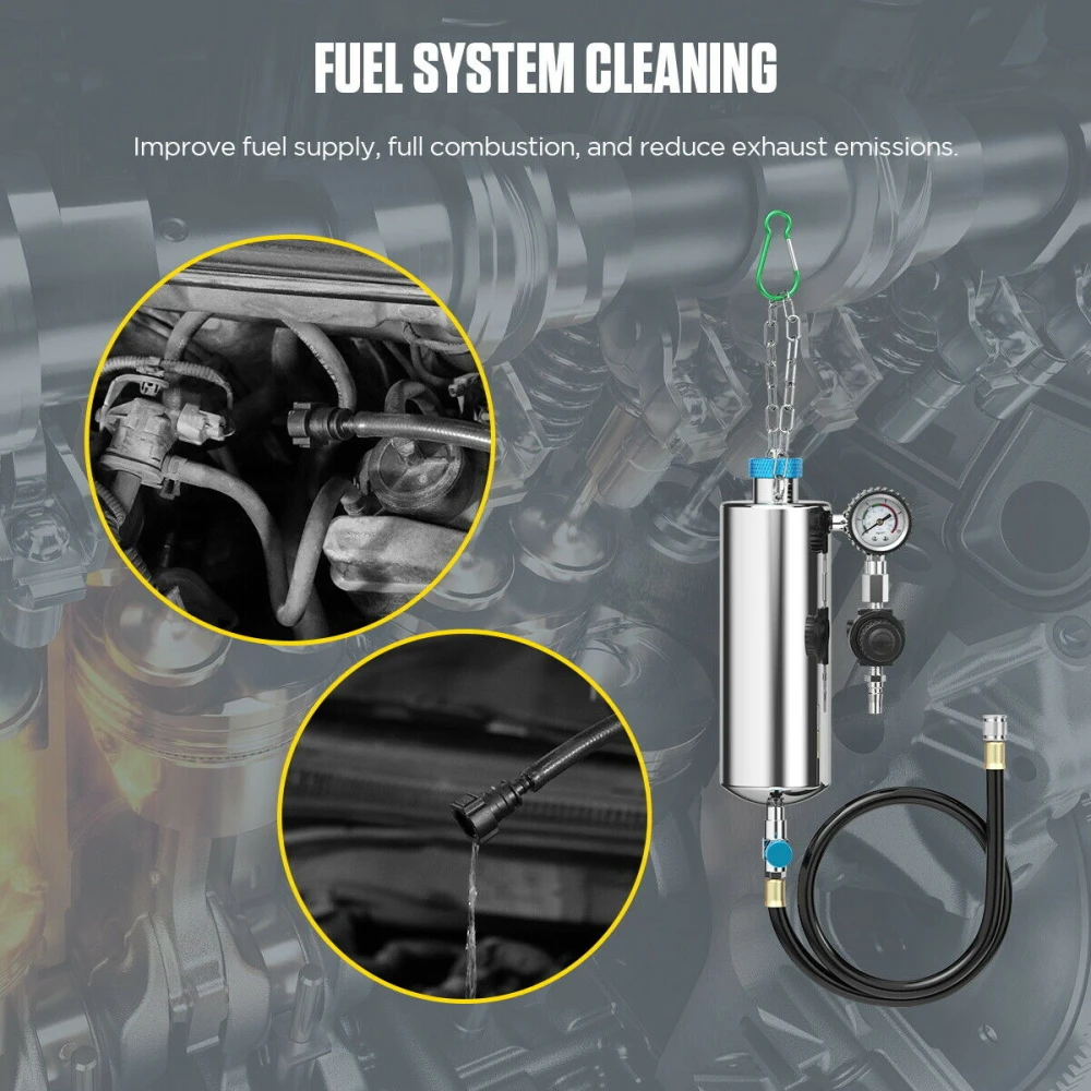 Vista del limpiador de inyectores AUTOOL C100 con adaptadores para coches
