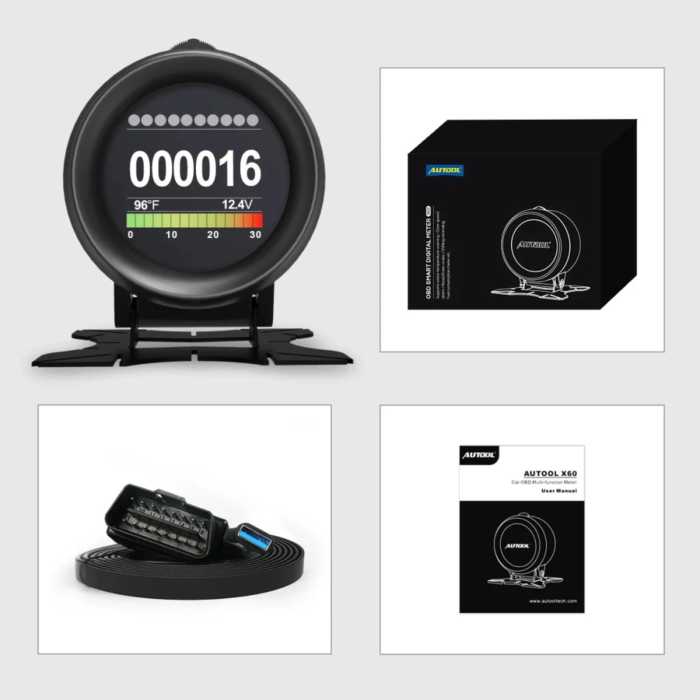 Vista frontal del Autool X60 OBD HUD medidor digital multifunción