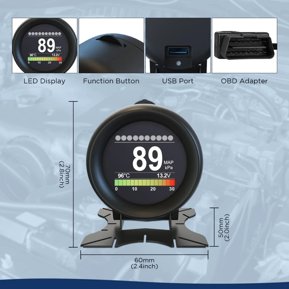 Pantalla HUD del Autool X60 mostrando velocidad y temperatura