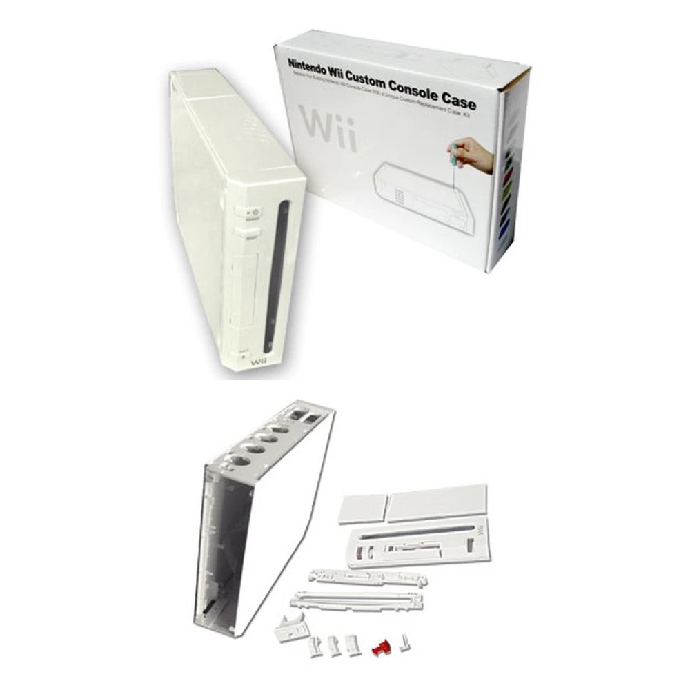 Biała obudowa Nintendo Wii z przyciskami i śrubami do naprawy