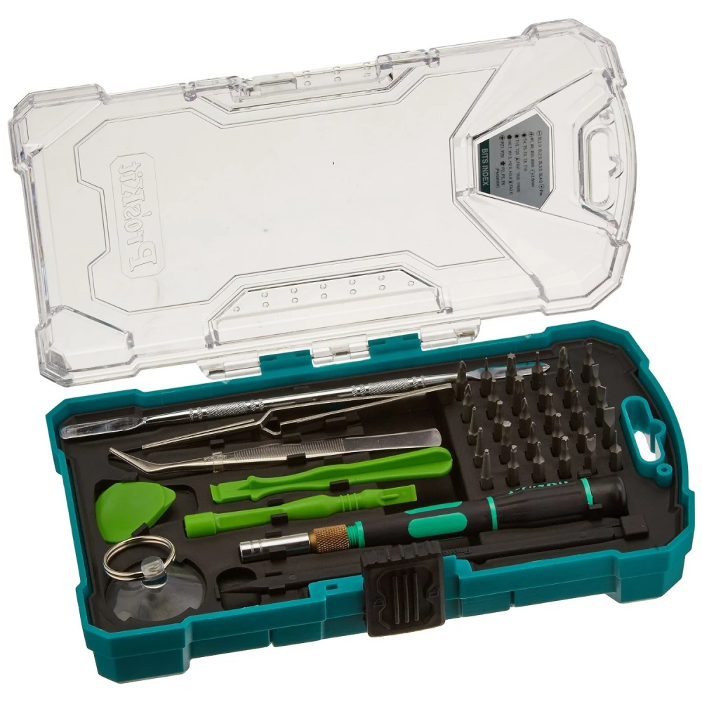 Caja resistente del kit herramientas reparación Pro's Kit SD-9326M abierta con herramientas visibles