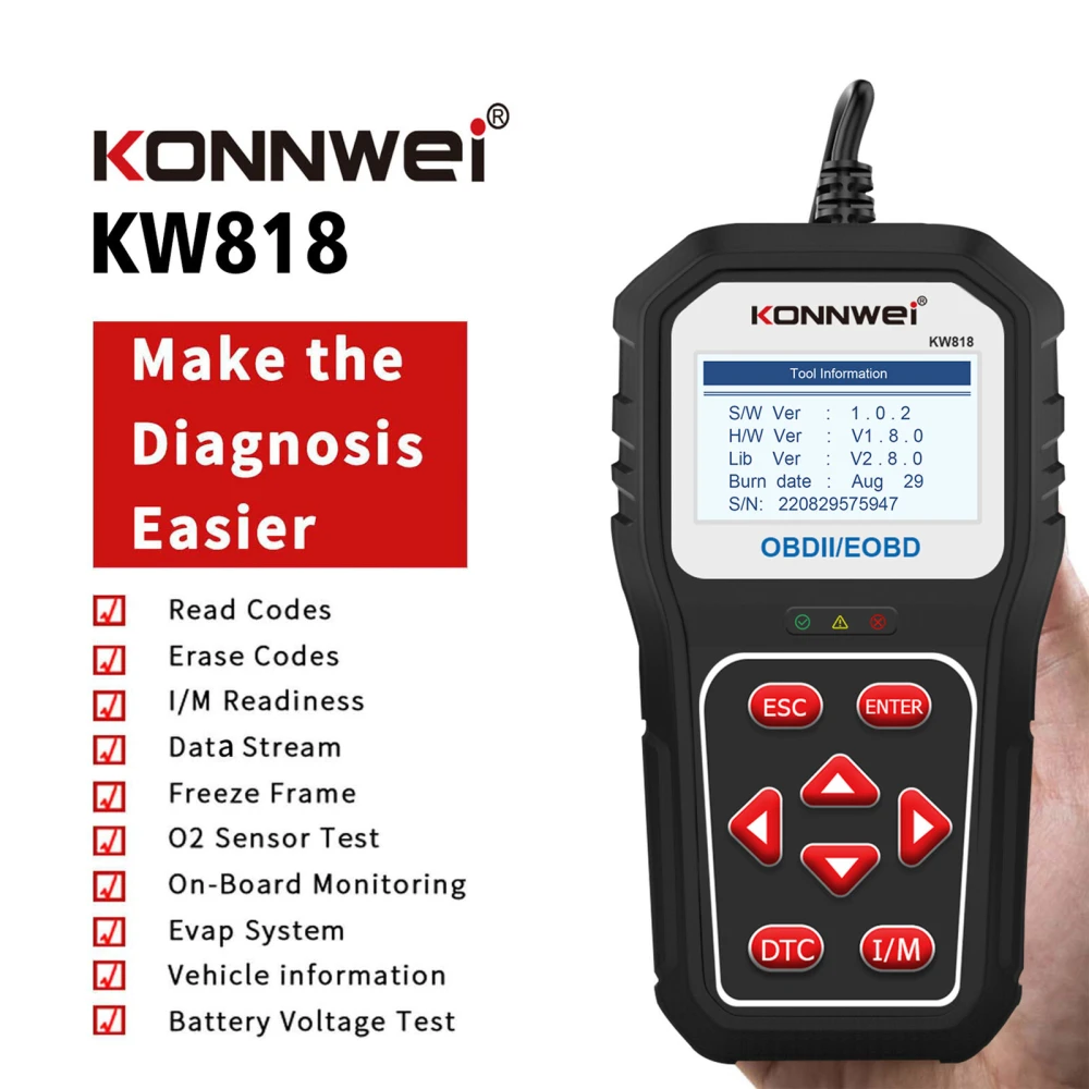 KONNWEI KW818 skaner OBD2: czytnik kodów OBDII do aut od 1996