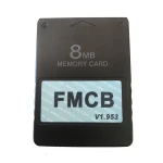 Vista lateral de la tarjeta McBoot FMCB 1.953 para PS2 con fondo blanco