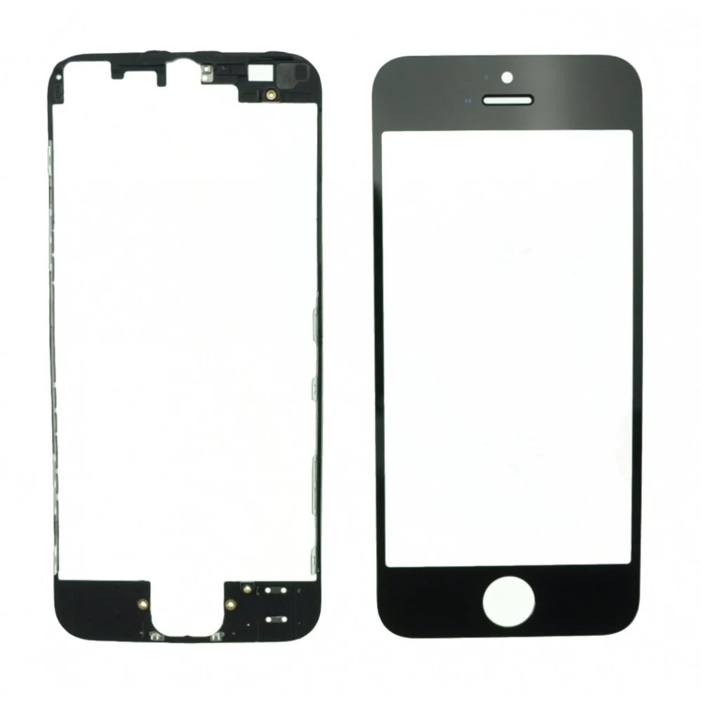 Czarna szybka ekranu iPhone 5s z ramką klejącą do naprawy