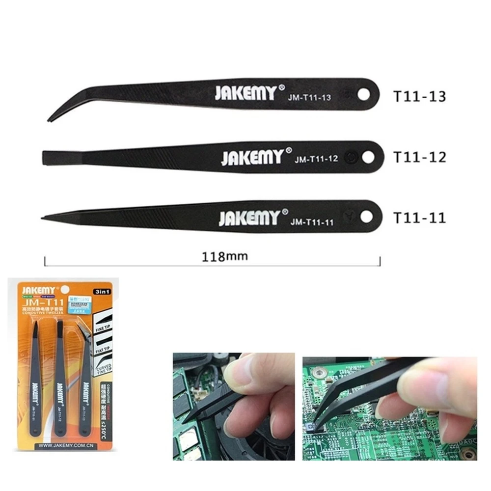 Pinzas antiestáticas JM-T11 de plástico con punta curva y recta para trabajos electrónicos