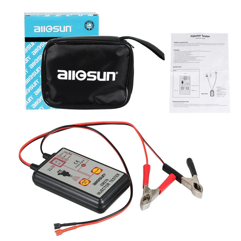 Probador de inyectores Allsun EM276 conectado a batería de vehículo de 12V