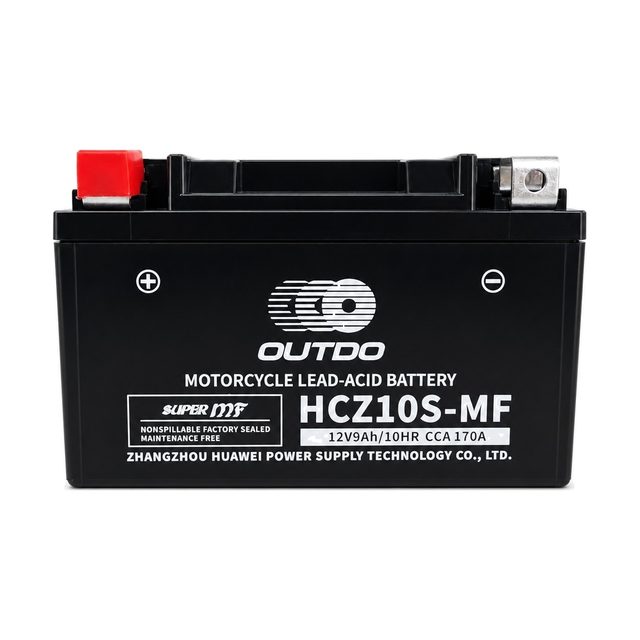 OUTDO HCZ10S-MF, akumulator motocyklowy YTZ10S z widocznymi z przodu biegunami