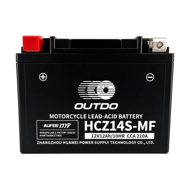 OUTDO HCZ14S-MF, akumulator motocyklowy YTZ14S z widocznymi z przodu biegunami