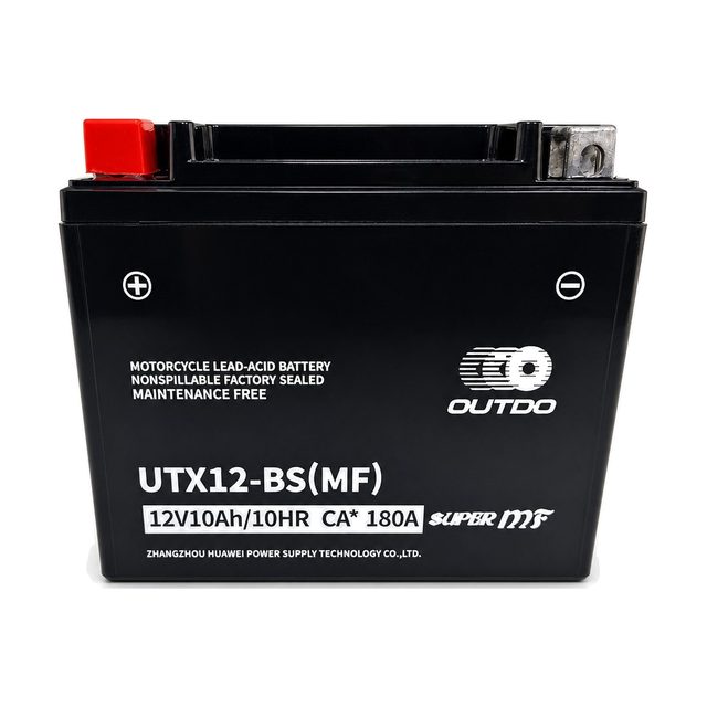 OUTDO UTX12-BS, akumulator motocyklowy YTX12-BS z widocznymi z przodu biegunami