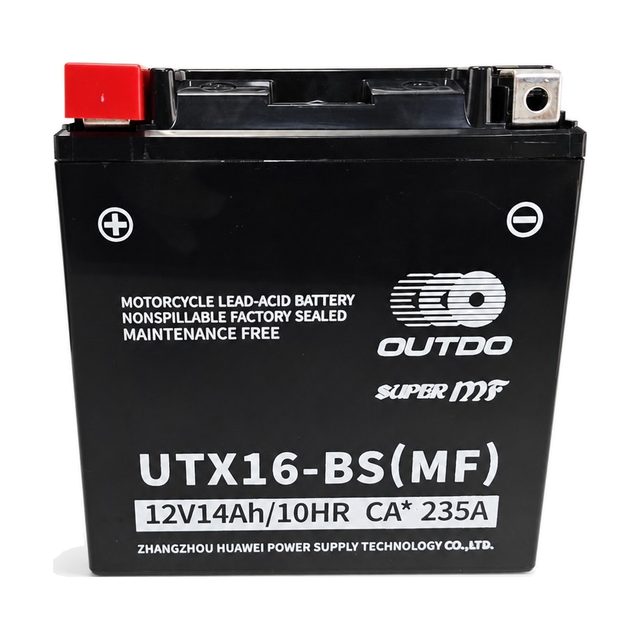 OUTDO UTX16-BS, akumulator motocyklowy YTX16-BS z widocznymi z przodu biegunami