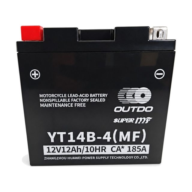 OUTDO YT14B-4, akumulator motocyklowy YT14B-BS z widocznymi z przodu biegunami