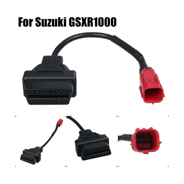 Krótki przewód-adapter do motocykla Suzuki z czerwonym złączem 6-pinowym i czarnym, 16-pinowym gniazdem OBD2