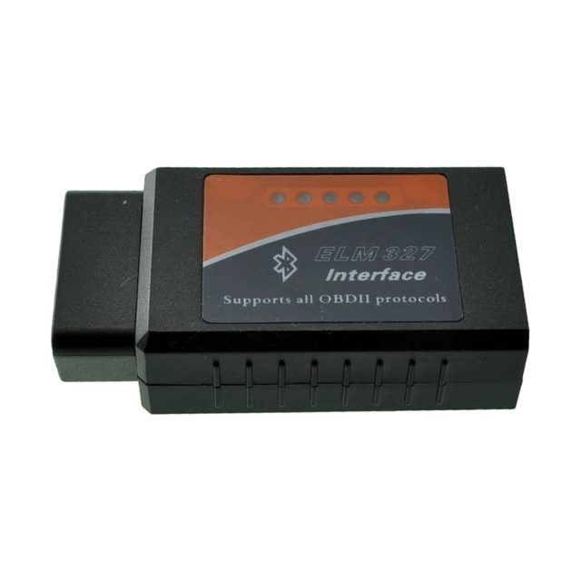 Czarny interfejs diagnostyczny ELM327 Bluetooth v1.5 z pomarańczową etykietą i 16-pinowym złączem OBD2